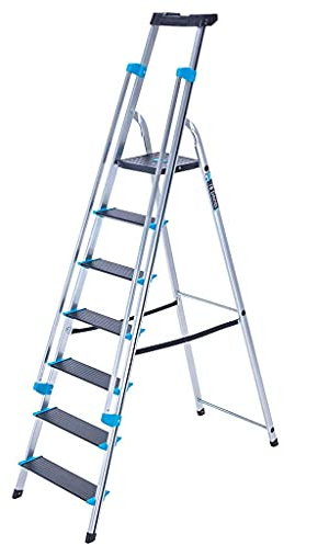 TB Davies 1203-007 Trade Premier XL Step Ladders, 7 Tread, Platform Height 1.5m, Aluminium, Twin Handrails, 10kg Tool Tray, 150kg Work Load, EN131