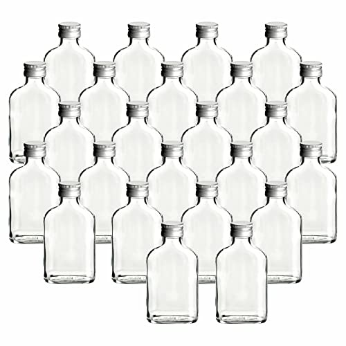 gouveo Lot de 24 bouteilles en verre flasque de 100 ml avec bouchon à vis argent - petite bouteille 0,1 l à remplir - bouteilles d'alcool vides pour liqueur, whisky, gin, brandy, cognac (FF100S)