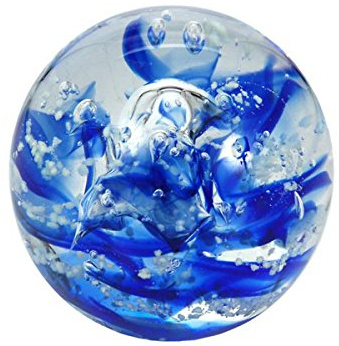 Traumkugel, Glaskugel, Briefbeschwerer, Wunschkugel Nr. 161 klar-blaue Streifen Größe ca. 6,5-7,0 cm