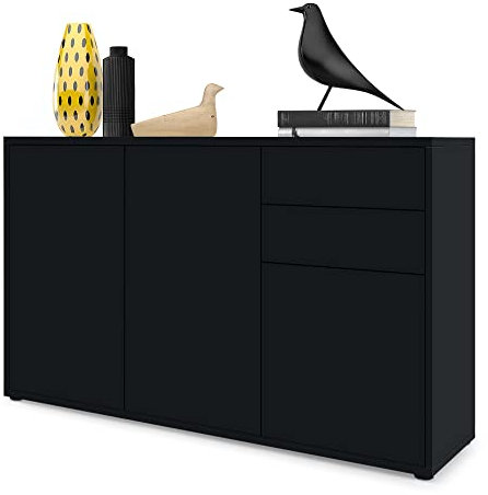 Vladon Sideboard Ben V3, Kommode mit 3 Türen und 2 Schubladen, Schwarz matt/Schwarz matt (117 x 74 x 36 cm)