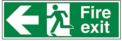 V Safety Fire Exit Arrow Left Sign - Landscape - 450mm x 150mm - Self Adhesive Vinyl