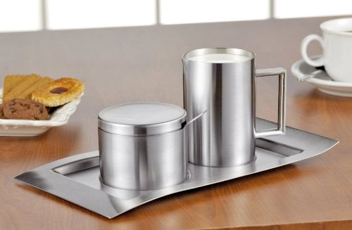 Esmeyer Wave – Gemeinsam Milchkännchen und Zuckerdose Wave, Edelstahl gebürstet, Maße des Tablett 260 x 140 mm
