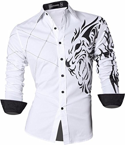 Sportrendy Homme Chemises Casual Manches Longues Mode Men Slim Fit Long Sleeves Dress Shirt Tops JZS045 White M