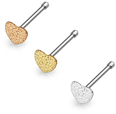 Paula & Fritz® sandgestrahltes Herz Nasen-Piercing Nasenpiercing-s Nose für Nasenfluegel als Nasenschmuck Nasenstecker Nostril Edelstahl Chirurgenstahl 6mm lang Gold roségold Silber