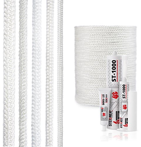 STEIGNER Cordone Isolante in Fibra di Vetro SKD02-6, Bianco con sigillante adesivo per montaggio termico resistente alla temperatura fino a 550°C 10 m, 6 mm