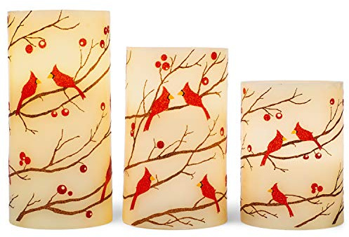 Mark Feldstein & Associates Flameless LED Glitter Berries and Cardinals Wax Pillar Candles with Timer, 3pc Set