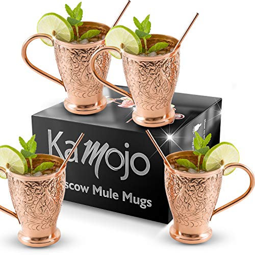 Kamojo Moscow Mule Copper Mugs Set of 4 with Unique Handcrafted Embossed Design with Anti-Tarnish Food-Grade Coating - Copper Cups Gift Set with 4 Straws & Recipe E-Book, 16 oz