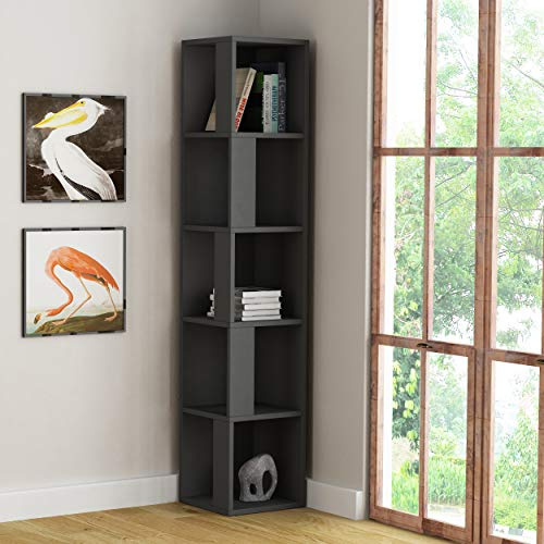 Hocuspicus | Modern Piano Eck-Bücherregal mit 5 Ebenen | Platzsparendes Holzregal für Wohnzimmer, Büro und Schlafzimmer | 31,4 x 31,4 x 158,9 cm | Anthrazit Grau