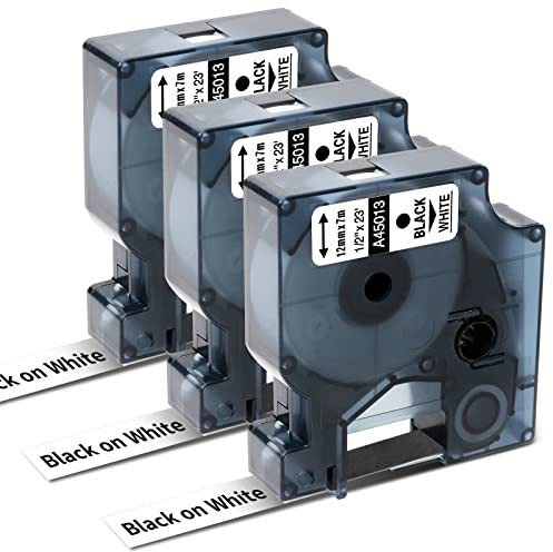 3x Oozmas Kompatibel mit Dymo D1 Etikettenband 45013 S0720530 | 45013 A45013 12mm x 7m Schwarz auf Weiß, Kompatibel mit Dymo DYMO LabelManager 160 210D 260P 280 360D 420P