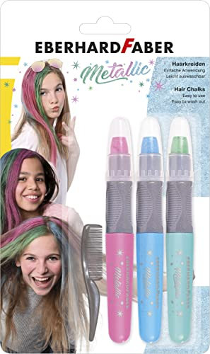 Eberhard Faber 579205 - Haarkreide für Kinder, 3 Metallic Farben, mit Haarkamm, leicht abwaschbar
