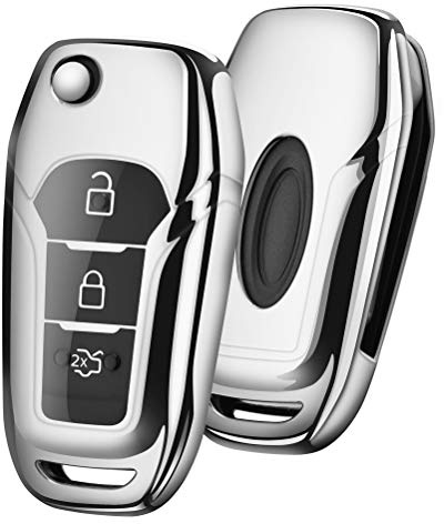 OATSBASF Autoschlüssel Hülle Geeignet für Ford,Mondeo,Fiesta, Focus,Galaxy, Mustang,Kuga,Fusion Titanium 3 -Tasten Schlüsselhülle Cover Case TPU Schlüsselbox (Silber)