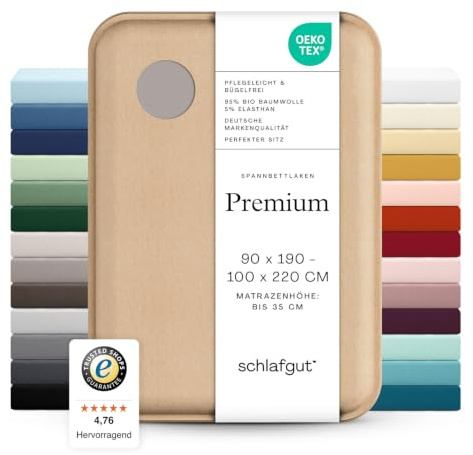 schlafgut Premium Spannbettlaken 90x200 cm Bio-Baumwolle, Sand Mid | Bettlaken, Spannbetttuch 100x200, 90x190 bis 100x220 cm, Sand, Mako Zwirn-Jersey 220 g/m², bis 35 cm Steg, blickdicht
