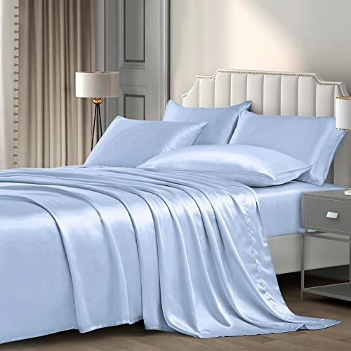 P Pothuiny Parure de lit en Satin Soyeux 6 pièces pour lit King Size - 1 Drap-Housse à Poches Profondes + 1 Drap Plat + 4 taies d'oreiller