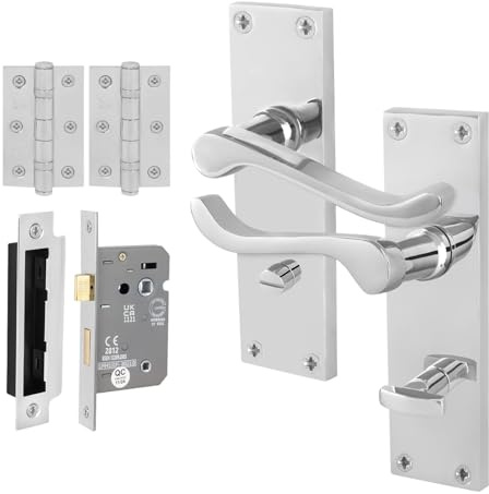 EAI Chrome Victorian Scroll Bathroom Handle Set, 1 Pair Polished Chrome Internal Lever Door Handles on Backplate, Lock 64mm, Hinges