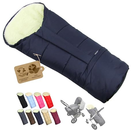 BambiniWelt by Rafael K. Winterfußsack – universaler Fußsack für Kinderwagen, Buggy & Schlitten in Mumienform – Lammwolle, größenverstellbar (90–110 cm), warm, waschbar & windabweisend (Marine)