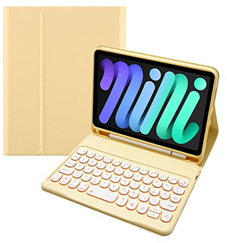 Funda con teclado para iPad Mini 6ª generación 2021 de 8,3 pulgadas, teclado Bluetooth con funda, soporte para lápiz, retroiluminación de 7 colores y soporte para bolígrafo, extraíble, 16