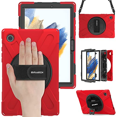 BRAECN Coque pour Galaxy Tab A8 - Samsung Galaxy Tab A8 10.5” 2021 Rouge | Coque anti choc, avec dragonne, bandoulière réglable et support pivotante 360° – robuste, renforcée, travail/outdoor.