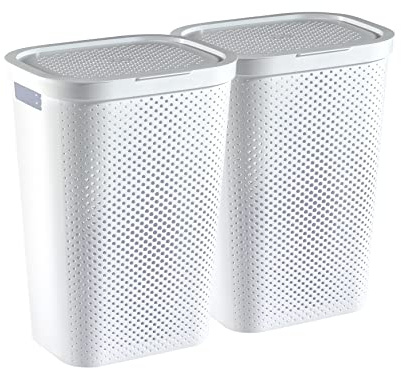 Curver Infinity Dots Wäscheboxen Set – 2×60 L mit Deckel – 100 % recycelter Kunststoff, skandinavisches Design, weiß, belüftet, stapelbar