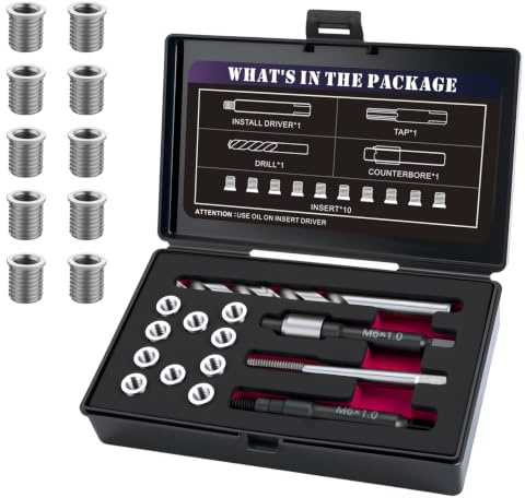 SENNMONN M6 x 1,0 Gewindereparatur-Set mit 9,4 mm HSS-Bohrer, Gewindebohrer, Installations-Treiber, Senkbohrung, Edelstahl-Einsatz, M6 x 1,0 x 9,4 mm x 10 Stück