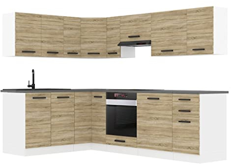 Belini Angolo Cottura a Forma di L Janet - Blocco Cucina Con Maniglie, Pensili e Mobiletti - Cucina a Incasso Senza Elettrodomestici Con Controsoffitti - Rovere Sonoma