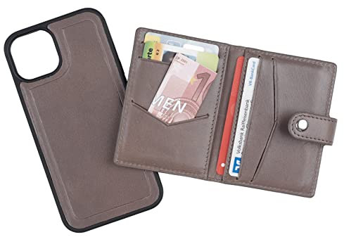 HANS/SON Étui en cuir véritable pour iPhone 13 avec portefeuille magnétique pour cartes de crédit Gris