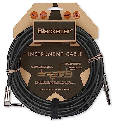 Blackstar 6m (20ft) Instrument Cable Straight ¼” Jack to Angle ¼” Jack for Bass/Electric Guitar/Electro-Acoustic/Keyboard/Amp