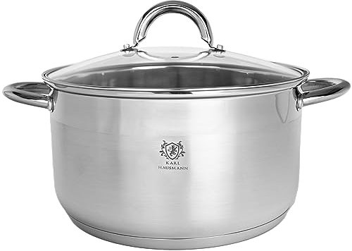 KARL HAUSMANN Pentola a induzione, 20 cm, 3 l, in acciaio inox, finitura spazzolata, adatta a tutti i piani cottura, manico non caldo, coperchio in vetro incluso