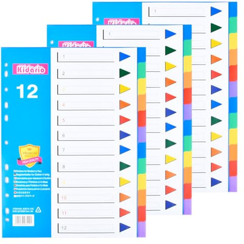 HUMOKI 3er Set Trenner für Ordner A4 mit Zahlenaufdruck 1-12, Farbiges Register für Büro und Schule