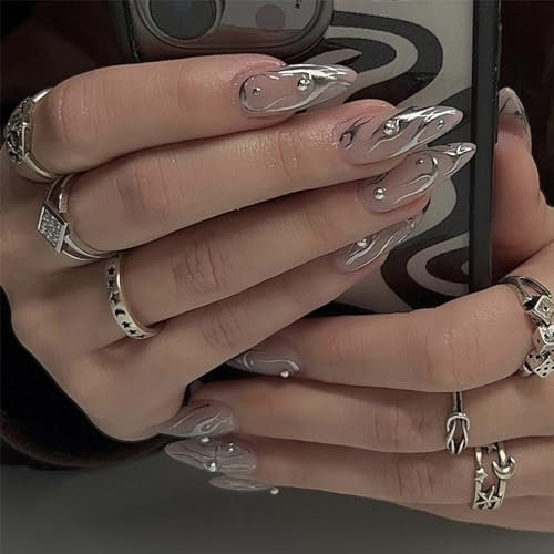 Nayyana 24 Stück Mandel-Nagelpresse, mittelgroß, künstliche Nägel, Splitter-Wirbel, Kleber auf den Nägeln, Strass-Stiletto-Acrylnägel mit Design Silberne Wasserwellen-Nageltabletten