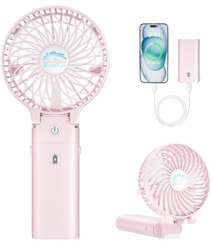 HandFan 5200mAh Handheld Fan Rechargeable, 20H Runtime Hand Fan, 3 Speeds Strong Airflow, Personal 180° Foldable Portable Fans for Travel/Summer/Concerts/Lash/Commute, Gifts for Women (Cherry Pink)