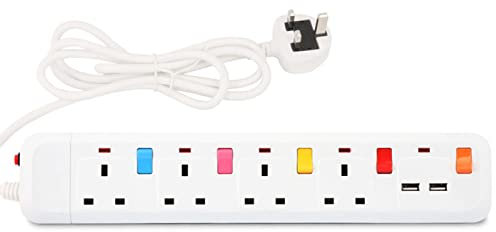 SH-RuiDu Extension Lead with USB Slots, 1.8m Extension Cord Plug Socket with 4 UK Sockets 2 USB Ports Individual Switch Indicator Lights Desk Power Strip for Home Office Kitchen Dorm