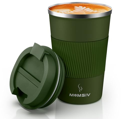 MOMSIV Coffee Cup, Insulated Coffee Cup with Leakproof Lid, Non-Slip Vacuum Reusable Stainless Steel Eco-Friendly Travel Office Mug for Hot and Cold Water Coffee and Tea, 380ml/13oz(ArmyGreen)