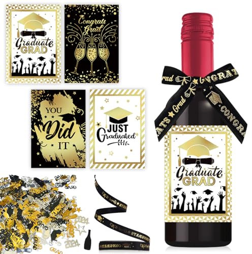 24 Stück Abschluss Flaschenetikett mit Schleife,Bachelor Deko Konfetti Schwarz Gold,Prüfung Bestanden Geschenk,2024 Geschenk Graduation,für Prüfung, Bestanden, Führerschein