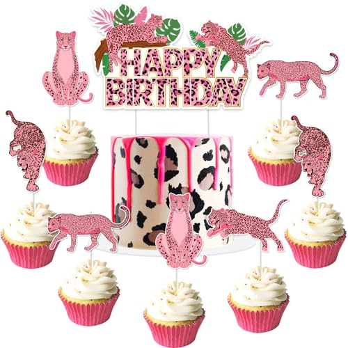 Jollyboom Cheetah Birthday Decorations Cake Topper, Pink Cheetah Happy Birthday Decoration Cake Topper Pink Leopard Cupcake Topper for Jungle Safari Wild One Cheetah Print Birthday Baby Shower Party
