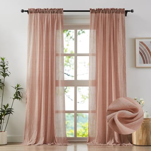 Anpark Elegante transparente Vorhänge in Blush Pink, 244 cm lang, für Schlafzimmer, Wohnzimmer, Baumwollleinen, strukturiert, lichtfilternd, halbtransparente Vorhänge, natürliche Voile-Vorhänge