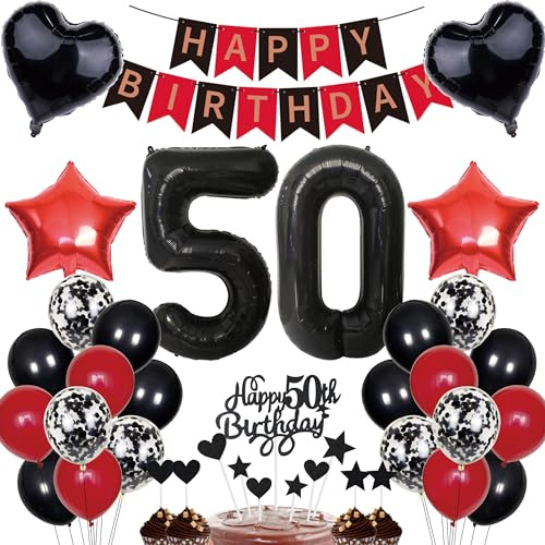 50th Birthday Party Decoration - Black & Red Garland, Balloons & Confetti, Includes '50' Number Balloons