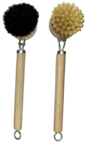 Generic 2Pcs Dish Scrub Brush Set with Long Handle Accessories Pots Pans Dishes Brush Kitchen Scrubber Brush for Cleaning Bowl Bottle, sisal and horse hair
