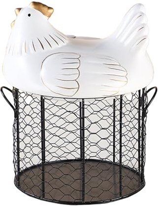 Iron Egg Organizer Basket, Eggs Storage Container with Ceramic Chicken Shaped Lid, Egg Holder with Handle for Home Kitchen Countertop Organizer(white)