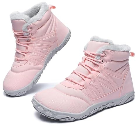 Barfußschuhe Winterstiefel Damen Herren Winter Warm Gefüttert Winterschuhe Schneestiefel Outdoor Barfuss Schuhe Männer Traillaufschuhe Leicht Rutschfest Fitnessschuhe Wanderschuhe Unisex Rosa EU41