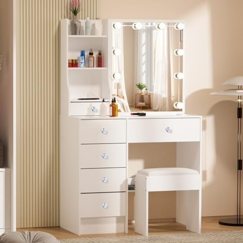 Saimeihome Schminktisch mit Beleuchtung und Hocker, Frisiertisch mit Verstellbarer Lichtfarbe und Helligkeit, Kosmetiktisch mit 6 Schubladen 6 Ablagefächern für Schlafzimmer - 80x36x130cm Weiß W39