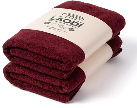 LAODI Premium Duschtuch Set 2er 70x140 cm aus 100% Baumwolle – 570 g/m², saugfähig & weich – Made in Portugal, Merlot Rot