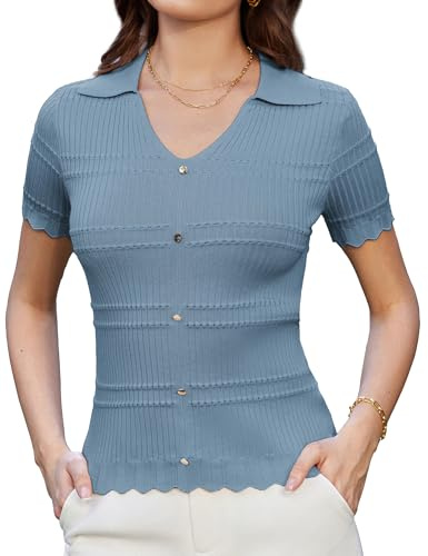 GRACE KARIN Women Short Sleeve Poloshirt V-Neck Knitted Jumper Elegant Pullover Lightweight Sweater T-Shirt
