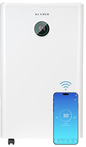 KLAMER Luftentfeuchter elektrisch 20L, WiFi App, HEPA Filter, 440W | Touch & App-Steuerung, Automatikmodus, Timer, Schlafmodus, 360° Rollen, 5,5L Tank, Gegen Schimmel & Kondenswasser