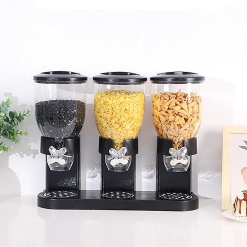 Cereal Storage Containers, 6L Triple Dry Food Dispenser Countertop Cereal Dispenser with Lids Airtight Food Grade and BPA Free for Kitchen Pantry Ideal for Cornflakes Flour, Black