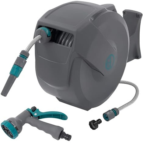 ECD Germany Carrete de Manguera 20m + 2m Extensible de PVC Enrollador Automático Portamanguera con Bloqueo y 9 Funciones de Pulverización, Tambor de Pared Giratorio 180° para Jardín Exterior