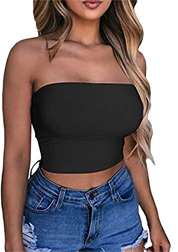 DaPongZhi Bandeau Tube Top Femme Sexy Haut Court Dos Nu T-Shirt Caraco sans Bretelles Débardeur Sans Manches Y2K Crop Top Bustier Couleur Unie Mode Slim Fit Tube Tops