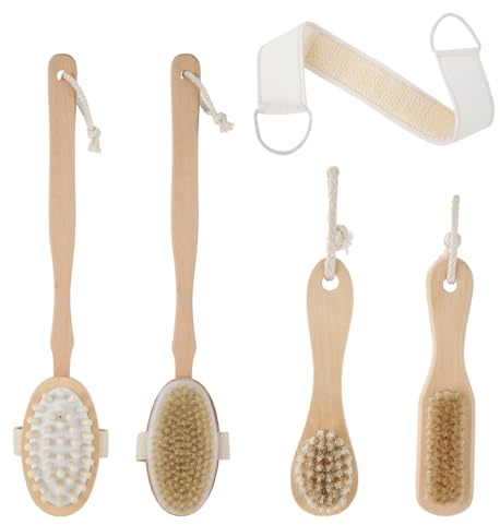 6 Pcs Dry Brushing Kit Face, Back Scrubber for Shower with Long Handle, Dry Brush with Dual Soft and Stiff Brush Head, 2-in-1 Face Exfoliator Brushes, Body Scrub Kit for Massage