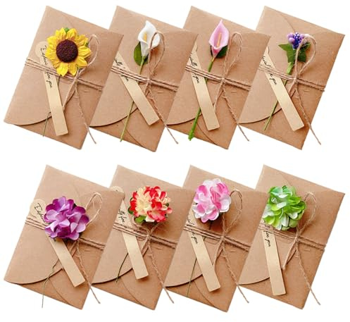RXKFIGX 8 pièces Cartes de Vœux Rétro Avec Fleurs Séchées, Cartes Vierges en Papier Kraft Faites à la main Avec Enveloppes en Papier kraft pour les Cartes de Vœux D'anniversaire, de Mariage