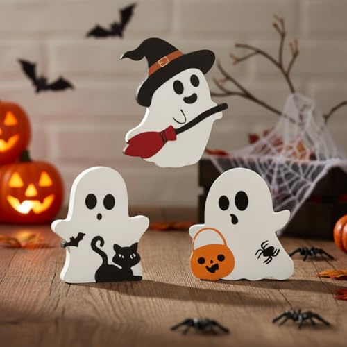 WUSJCOF 3 Pezzi Decorazioni di Halloween Gnomi Carini Decorazioni da Tavolo in Legno con Zucca e Gatto Halloween per Festa d'Autunno Interna