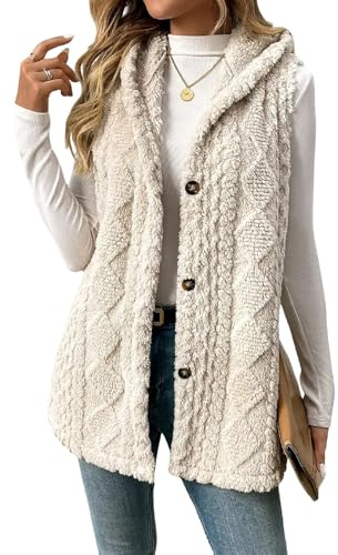 GORGLITTER Wintermantel Damen Lang Fleecemantel Mit Kapuze Fleecejacke Warm Fleeceweste Ärmellos Kapuzenpullover Kapuzenjacke Flauschig Winterjacke Aprikosenfarben XL